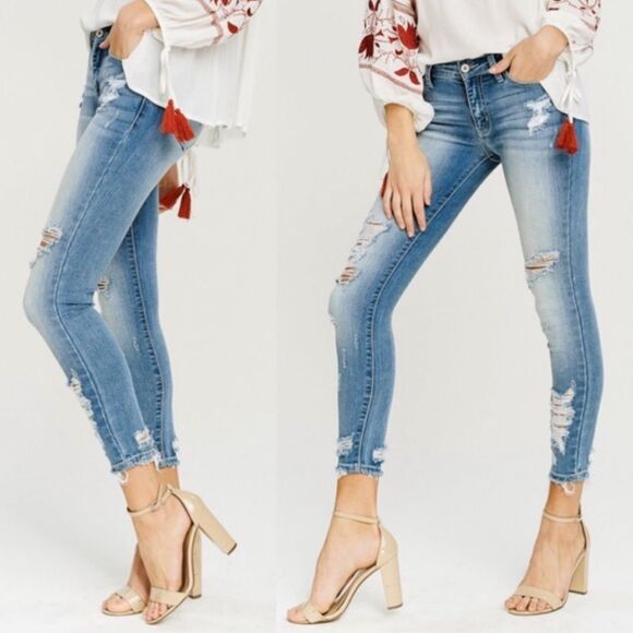 Medium Stone Washed Distressed Ankle Skinnies - Picture 2 of 15